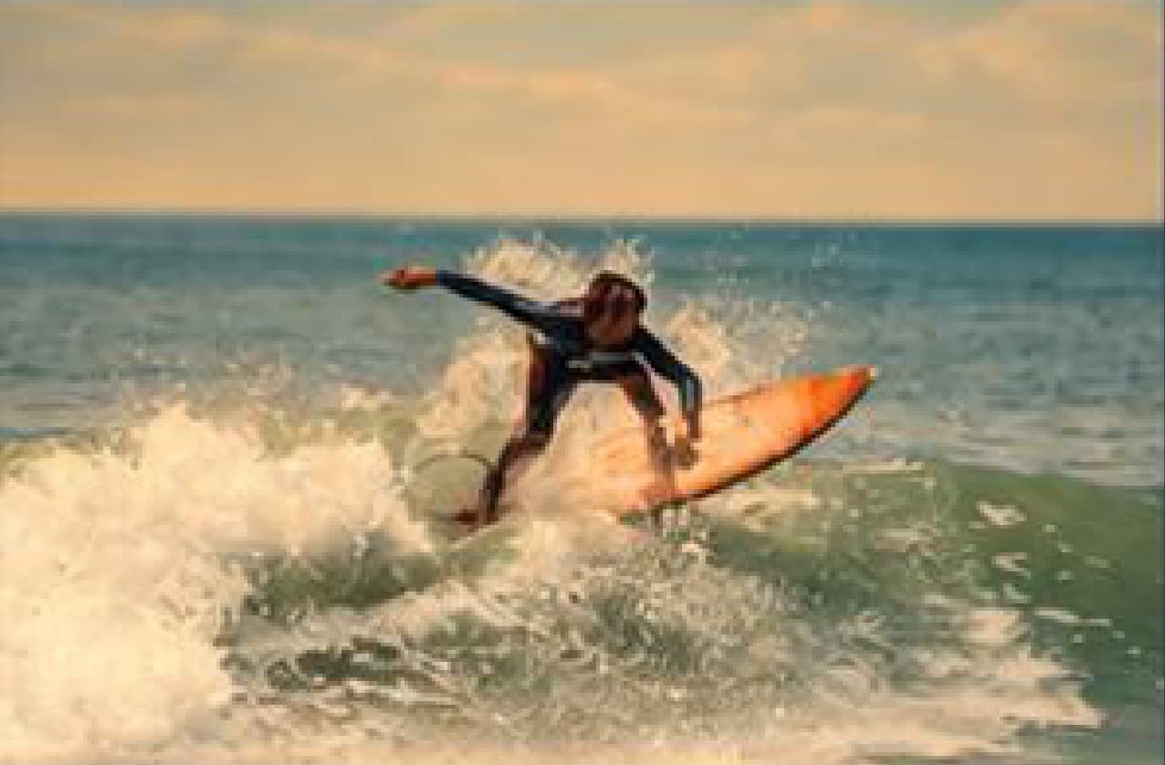 A surfer riding a wave on the Pondicherry coastline.