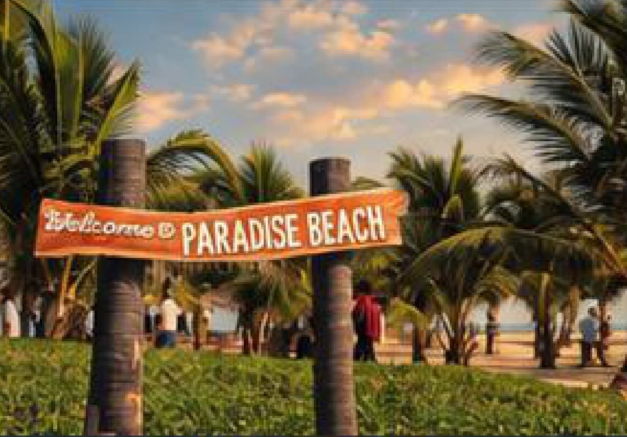 The welcome sign at Paradise Beach, framed by palm trees near Auroville.