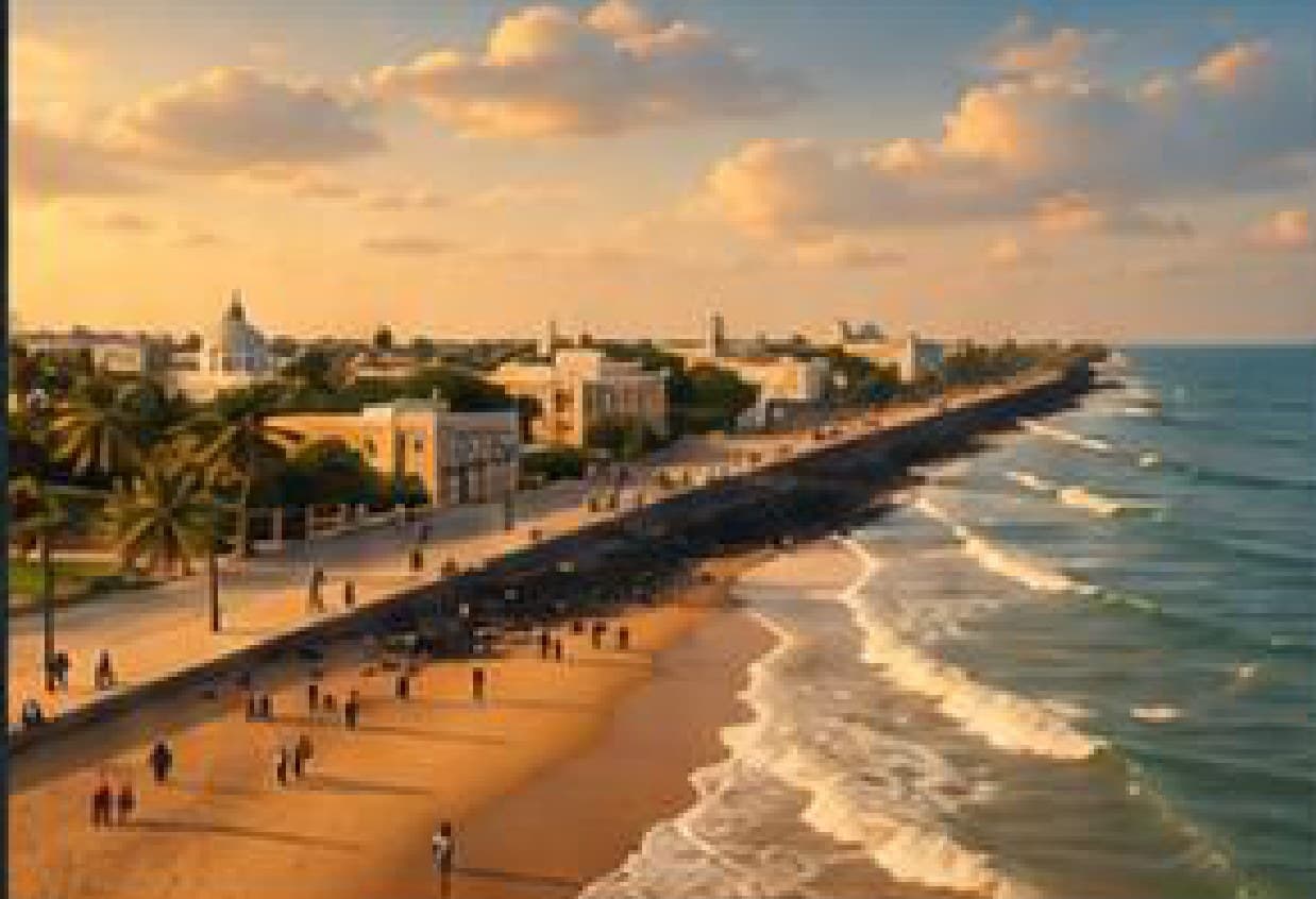 Aerial view of Pondicherry's seaside Promenade at golden hour, with the coastline curving into the distance.