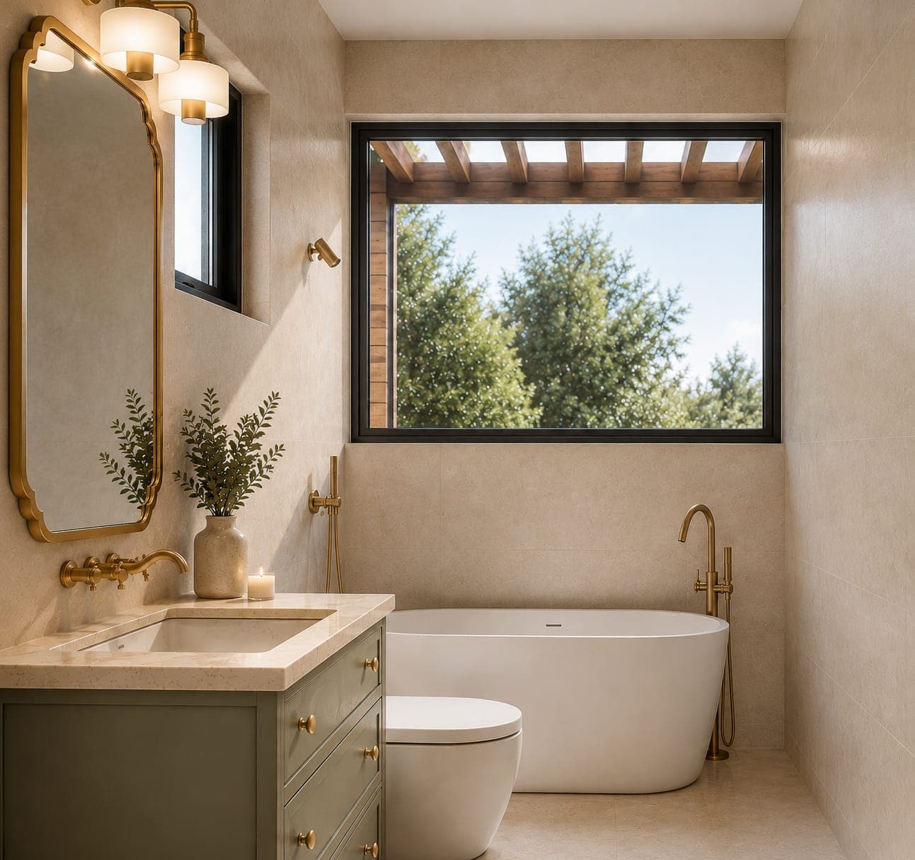Ensuite bathroom with bathtub below a pergola-shaded window.