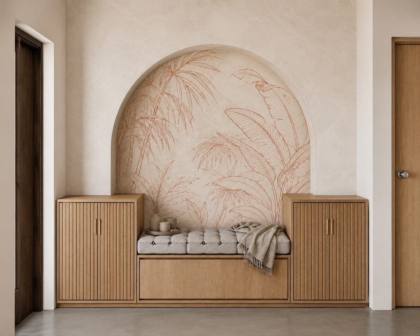 Bedroom niche with a built-in bench, fluted side tables and botanical wall art.