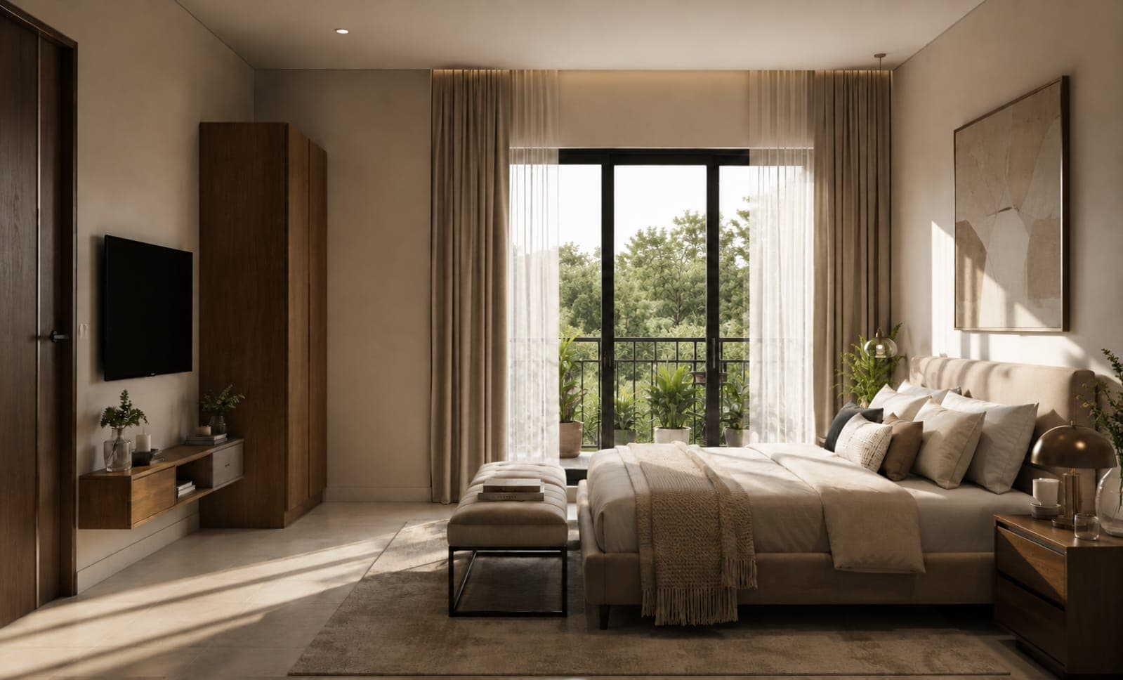 Bedroom suite with soft seating, warm wall finishes and a garden-facing window.