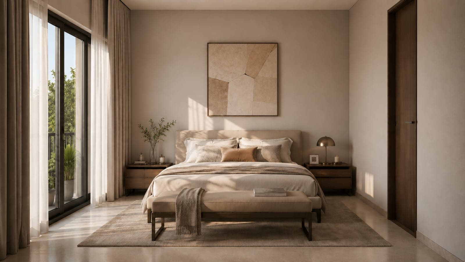 Bedroom with a large window, soft curtains and calm neutral finishes.
