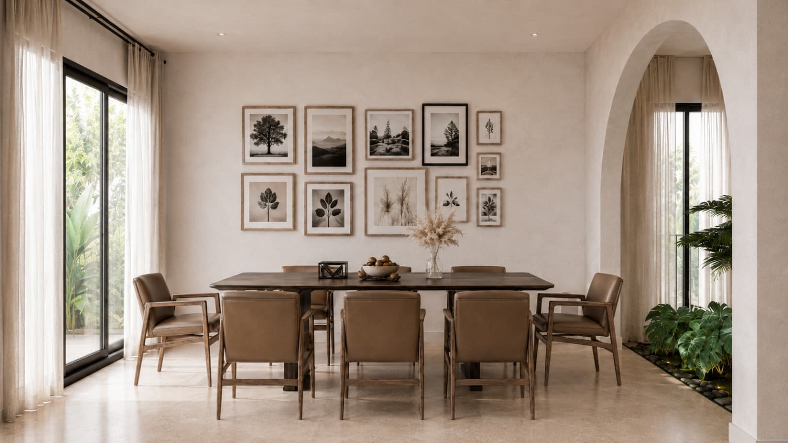 Dining room for eight with framed wall art, arched opening and indoor planting.