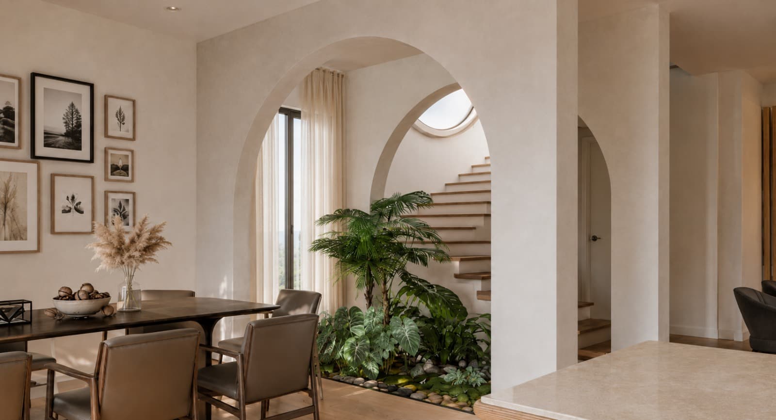 Designer dining space beside an arched window and open stairwell.