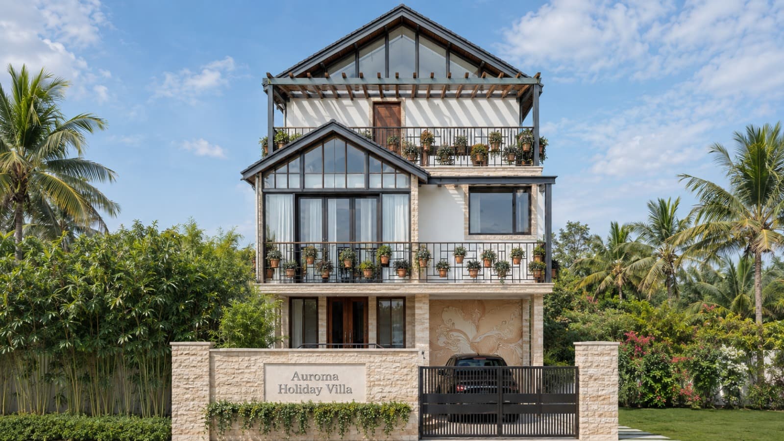 Front elevation of the villa with a covered car porch, planted balcony and roof pergola.