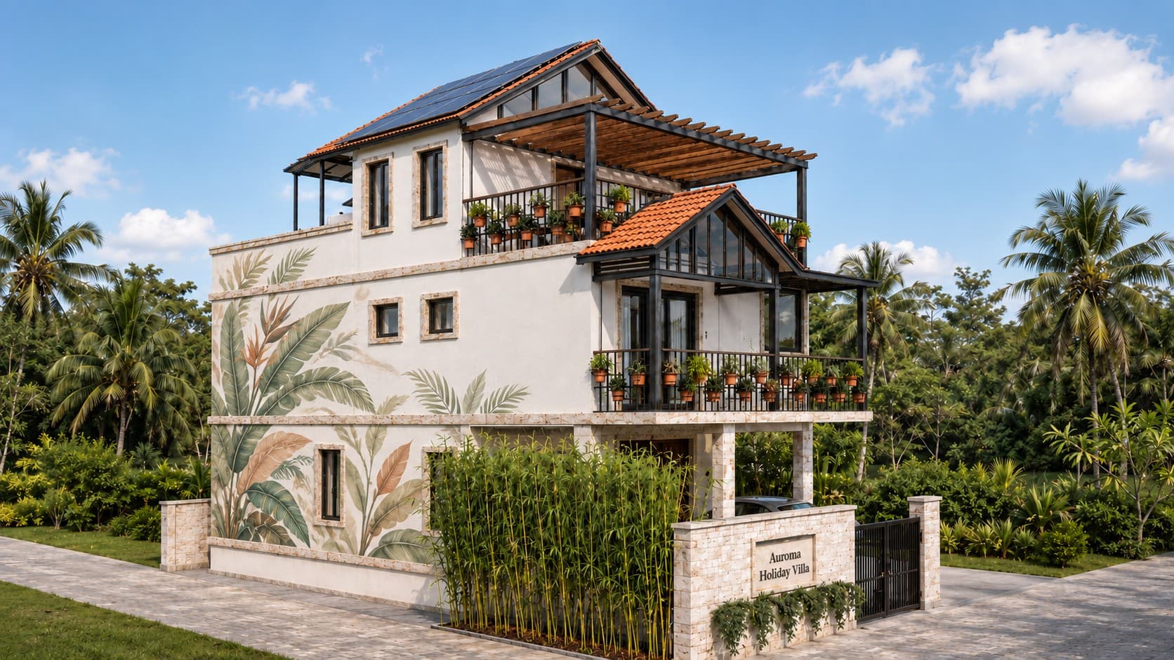 Side elevation of the villa showing layered balconies, timber pergola, botanical mural and surrounding palms.