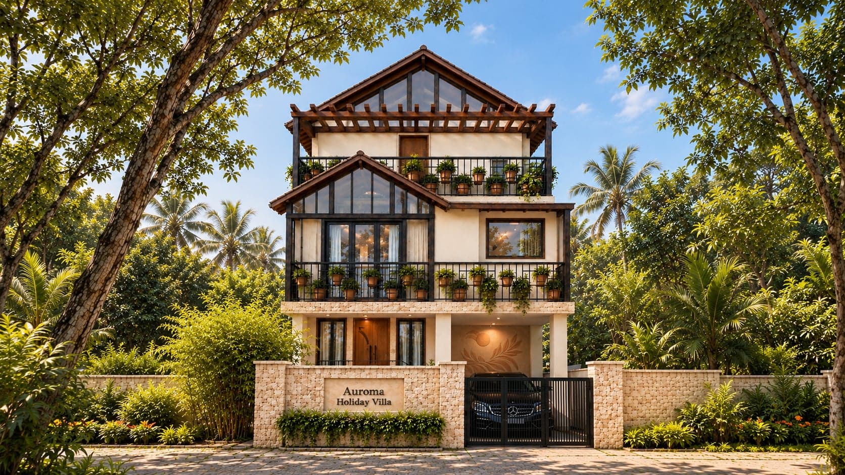 Auroma Holiday Villa front view — a three-storey home with glass gables, planted balconies, timber pergola and stone boundary wall.