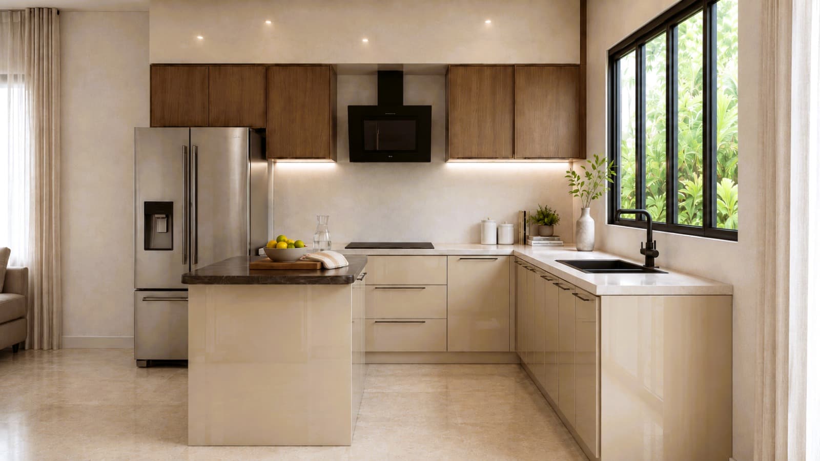 Designer kitchen with warm cabinetry, an island counter and garden-facing window.