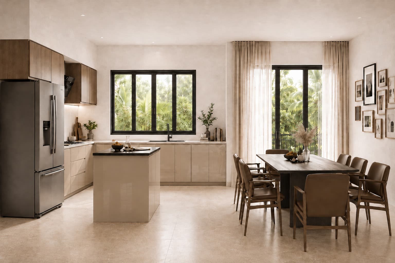 Open-plan living and dining room with arched openings, indoor planting and warm natural finishes.