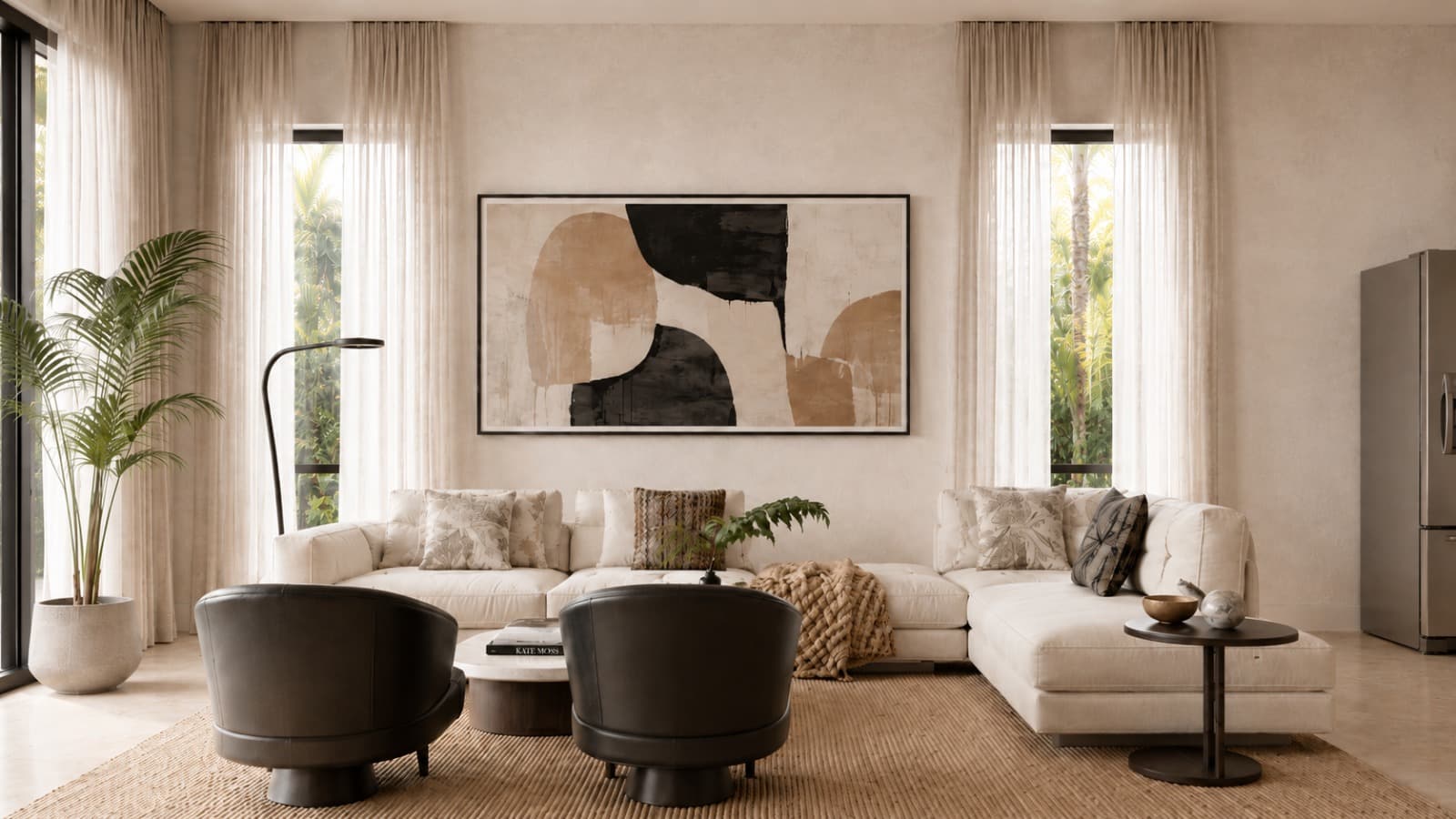 Bright living room with soft seating, tall curtains and garden views.