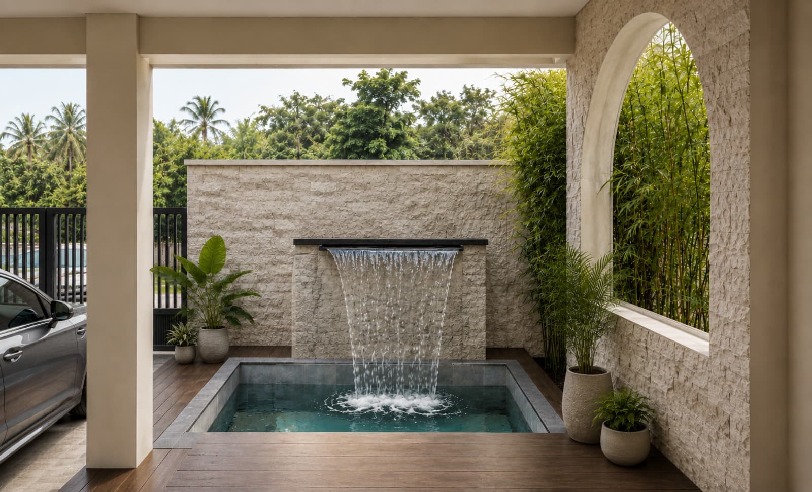 Private courtyard plunge pool with bamboo landscaping at the villa entrance.