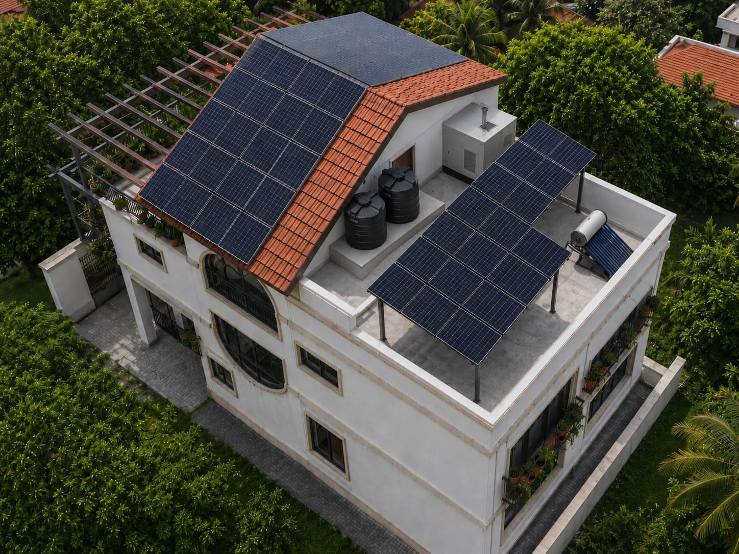Aerial view of the villa roof terrace with solar panels and surrounding greenery.